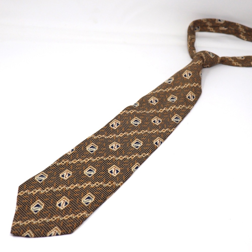 Vintage Venanzi Mens Silk Necktie Brown Tan Blue Geometric Pattern Silk Tie